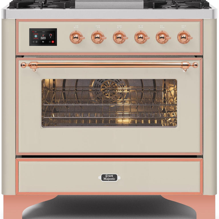 ILVE Majestic II 36" Natural Gas Burner, Electric Oven Range in Antique White with Copper Trim, UM09FDNS3AWPNG