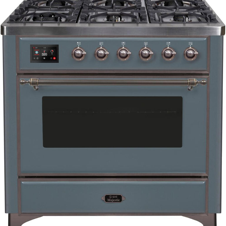 ILVE Majestic II 36" Natural Gas Burner, Electric Oven Range in Blue Grey with Bronze Trim, UM09FDNS3BGBNG