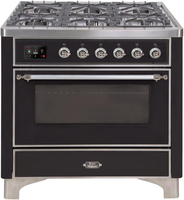 ILVE 36 in. Majestic II Series Natural Gas Burner and Single Electric Oven in Glossy Black with Chrome Trim, UM09FDNS3BKCNG