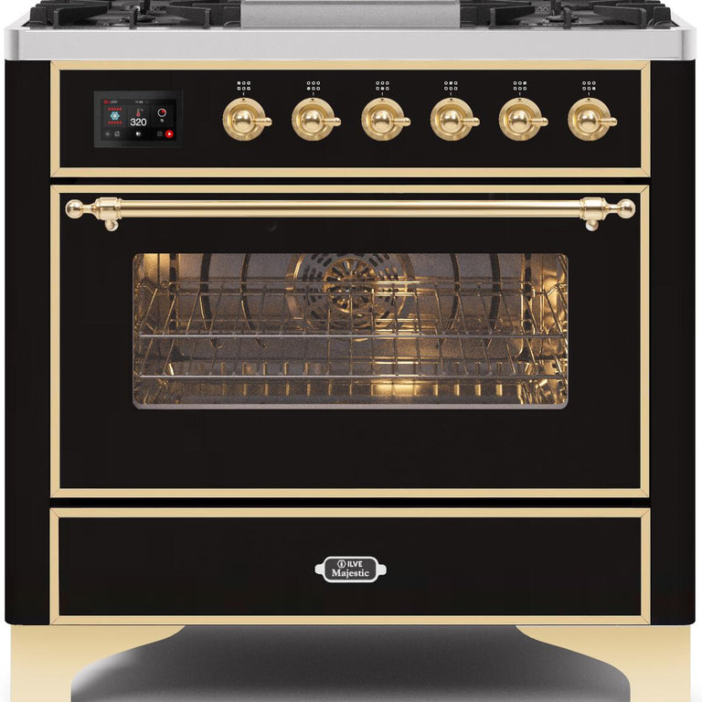 ILVE Majestic II 36" Natural Gas Burner, Electric Oven Range in Glossy Black with Brass Trim, UM09FDNS3BKGNG