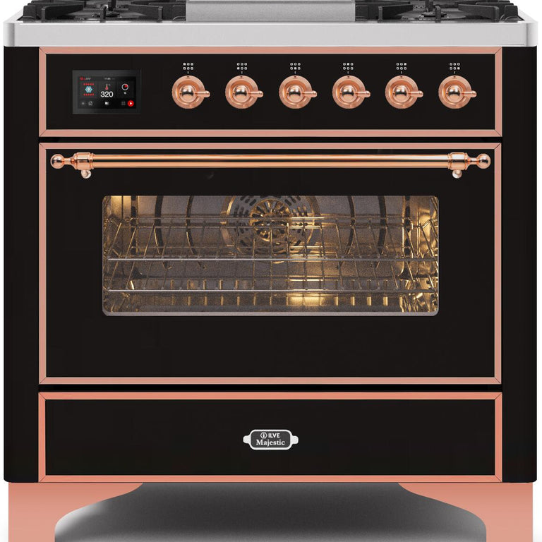 ILVE Majestic II 36" Natural Gas Burner, Electric Oven Range in Glossy Black with Copper Trim, UM09FDNS3BKPNG