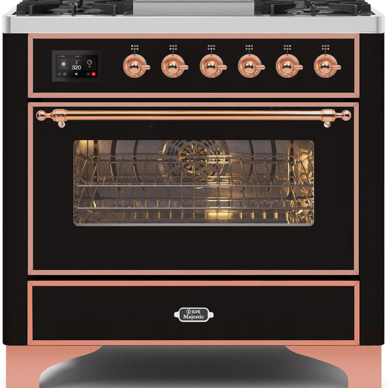 ILVE Majestic II 36" Natural Gas Burner, Electric Oven Range in Glossy Black with Copper Trim, UM09FDNS3BKPNG