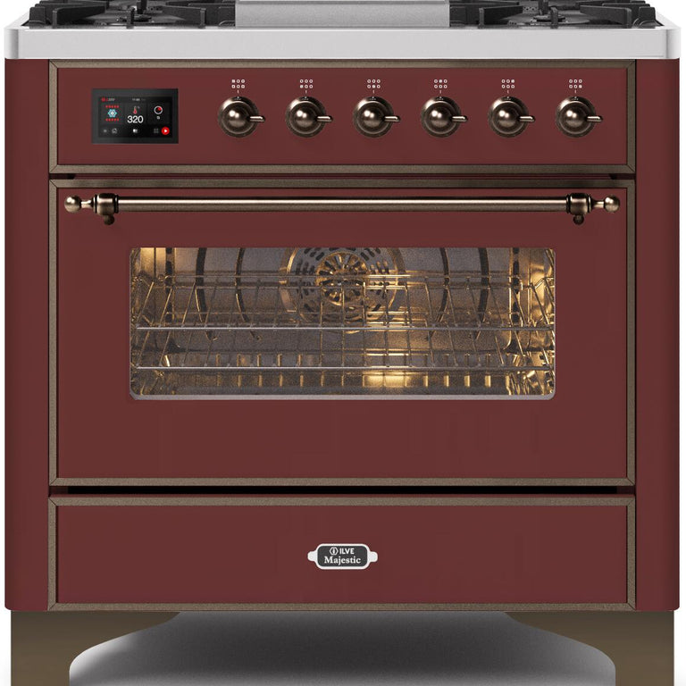 ILVE Majestic II 36" Natural Gas Burner, Electric Oven Range in Burgundy with Bronze Trim, UM09FDNS3BUBNG