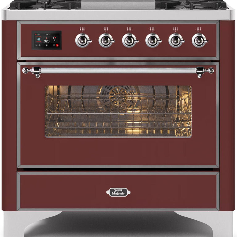 ILVE Majestic II 36" Propane Gas Burner, Electric Oven Range in Burgundy with Chrome Trim, UM09FDNS3BUCLP
