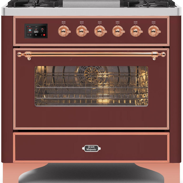 ILVE Majestic II 36" Propane Gas Burner, Electric Oven Range in Burgundy with Copper Trim, UM09FDNS3BUPLP