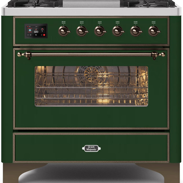 ILVE Majestic II 36" Natural Gas Burner, Electric Oven Range in Emerald Green with Bronze Trim, UM09FDNS3EGBNG
