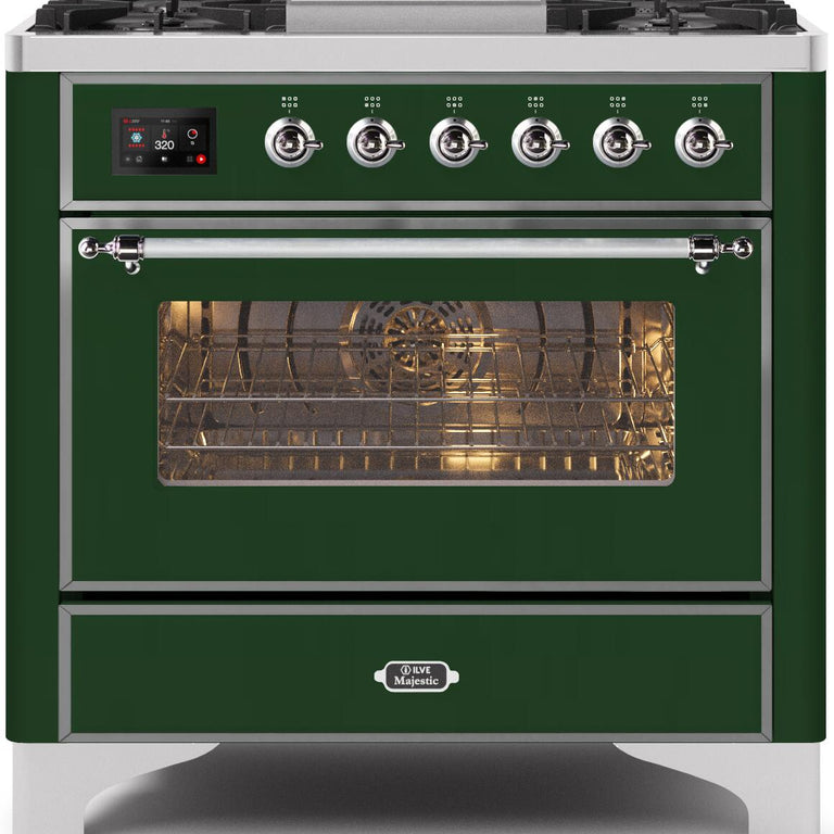 ILVE Majestic II 36" Propane Gas Burner, Electric Oven Range in Emerald Green with Chrome Trim, UM09FDNS3EGCLP