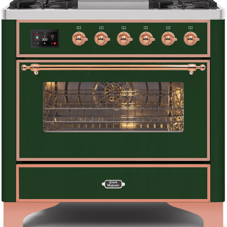 ILVE Majestic II 36" Propane Gas Burner, Electric Oven Range in Emerald Green with Copper Trim, UM09FDNS3EGPLP