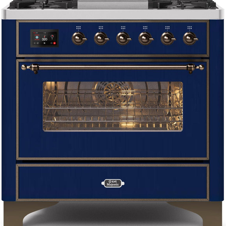 ILVE Majestic II 36" Natural Gas Burner, Electric Oven Range in Midnight Blue with Bronze Trim, UM09FDNS3MBBNG