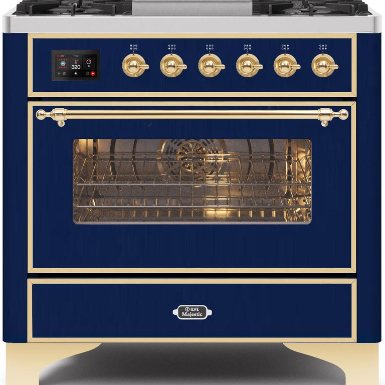 ILVE Majestic II 36" Propane Gas Burner, Electric Oven Range in Midnight Blue with Brass Trim, UM09FDNS3MBGLP
