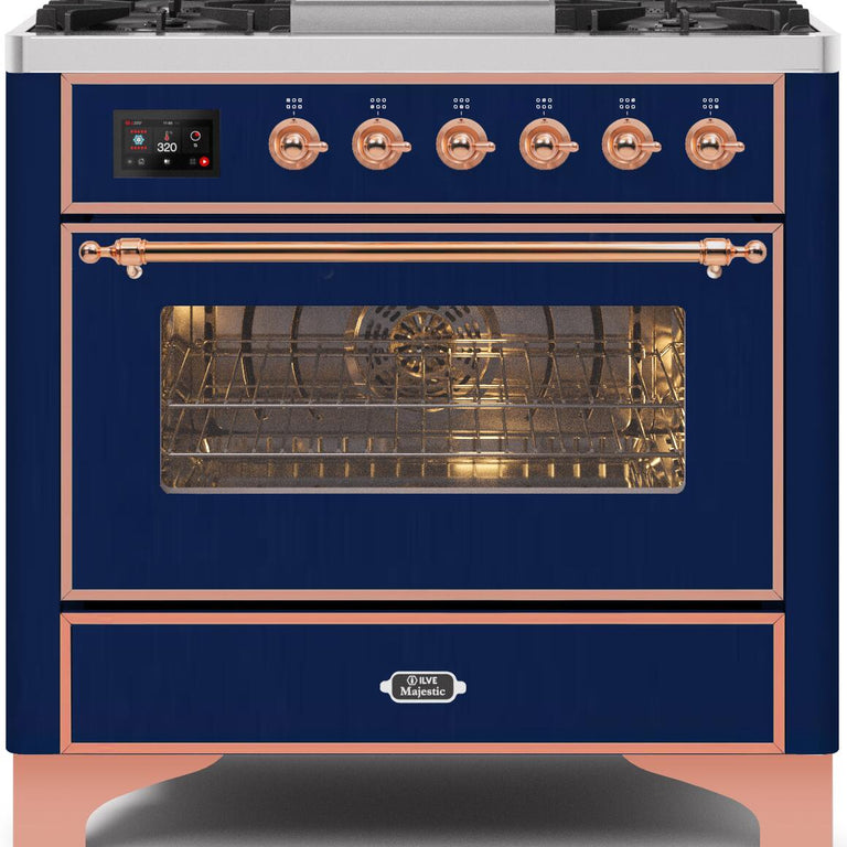 ILVE Majestic II 36" Natural Gas Burner, Electric Oven Range in Midnight Blue with Copper Trim, UM09FDNS3MBPNG
