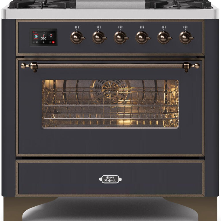 ILVE Majestic II 36" Natural Gas Burner, Electric Oven Range in Matte Graphite with Bronze Trim, UM09FDNS3MGBNG