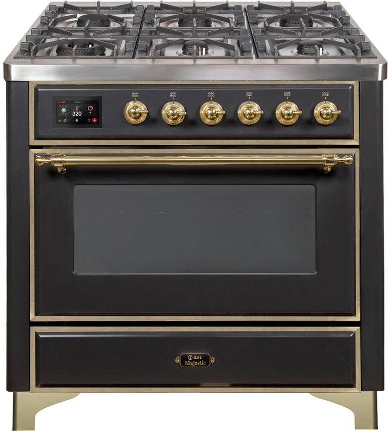 ILVE 36 in. Majestic II Series Propane Gas Burner and Electric Oven Range in Matte Graphite with Brass Trim, UM09FDNS3MGGLP