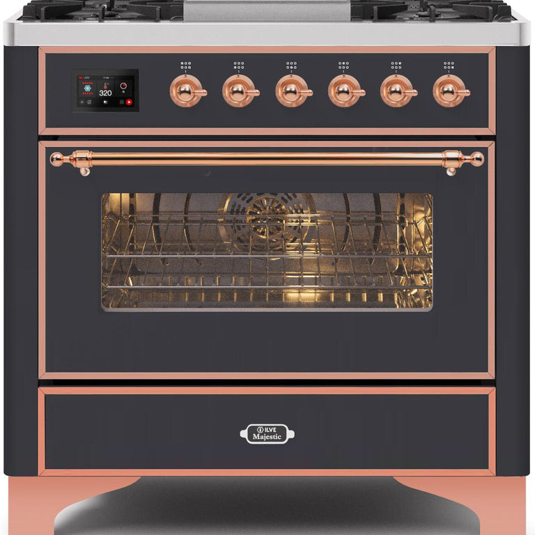 ILVE Majestic II 36" Natural Gas Burner, Electric Oven Range in Matte Graphite with Copper Trim, UM09FDNS3MGPNG