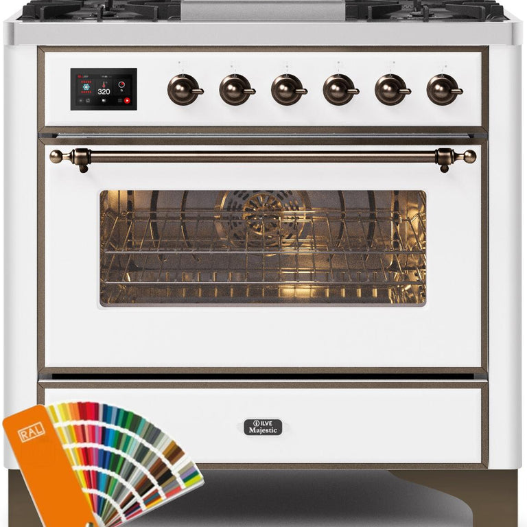 ILVE Majestic II 36" Propane Gas Burner, Electric Oven Range in Custom RAL Color with Bronze Trim, UM09FDNS3RALBLP