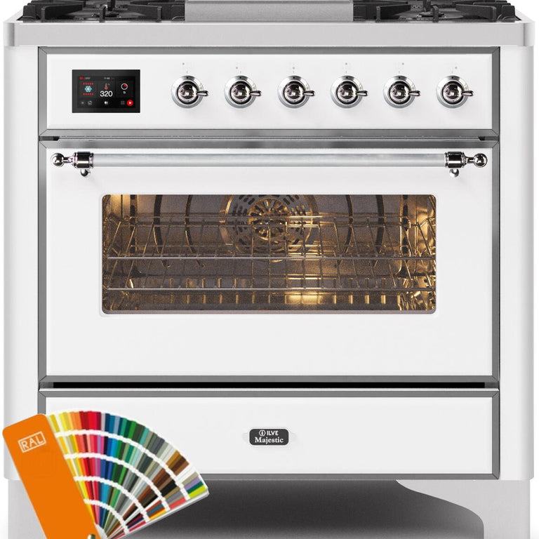 ILVE Majestic II 36" Natural Gas Burner, Electric Oven Range in Custom RAL Color with Chrome Trim, UM09FDNS3RALCNG