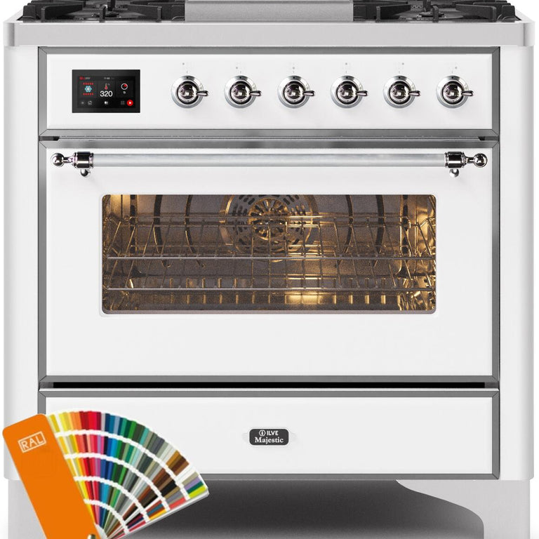 ILVE Majestic II 36" Propane Gas Burner, Electric Oven Range in Custom RAL Color with Chrome Trim, UM09FDNS3RALCLP