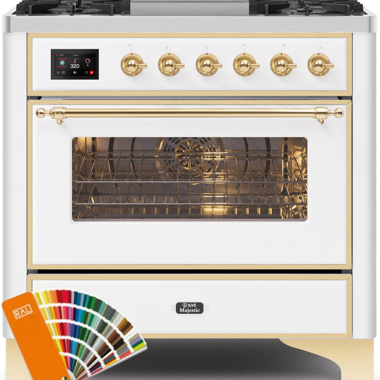 ILVE Majestic II 36" Natural Gas Burner, Electric Oven Range in Custom RAL Color with Brass Trim, UM09FDNS3RALGNG