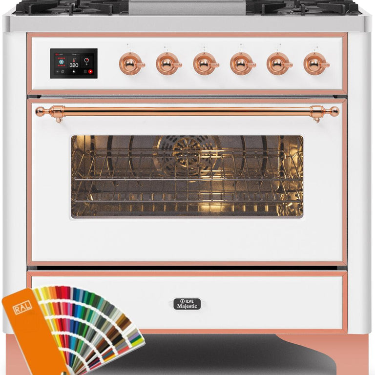 ILVE Majestic II 36" Natural Gas Burner, Electric Oven Range in Custom RAL Color with Copper Trim, UM09FDNS3RALPNG
