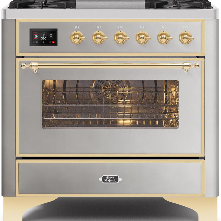ILVE Majestic II 36" Propane Gas Burner, Electric Oven Range in Stainless Steel with Brass Trim, UM09FDNS3SSGLP