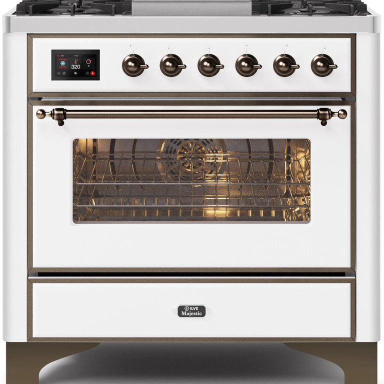 ILVE Majestic II 36" Natural Gas Burner, Electric Oven Range in White with Bronze Trim, UM09FDNS3WHBNG