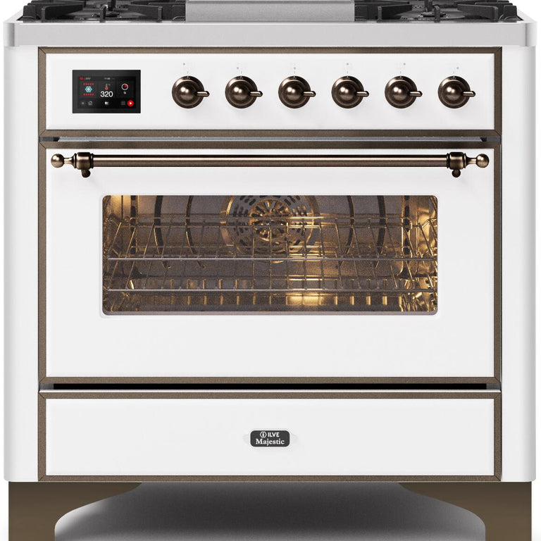 ILVE Majestic II 36" Propane Gas Burner, Electric Oven Range in White with Bronze Trim, UM09FDNS3WHBLP