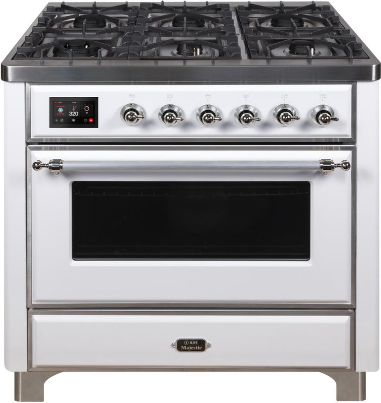 ILVE 36 in. Majestic II Series Natural Gas Burner and Single Electric Oven in White with Chrome Trim, UM09FDNS3WHCNG