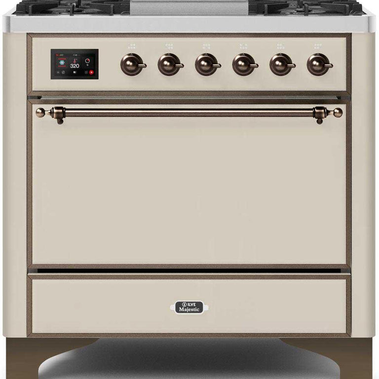 ILVE Majestic II 36" Propane Gas Burner, Electric Oven Range in Antique White with Bronze Trim, UM09FDQNS3AWBLP