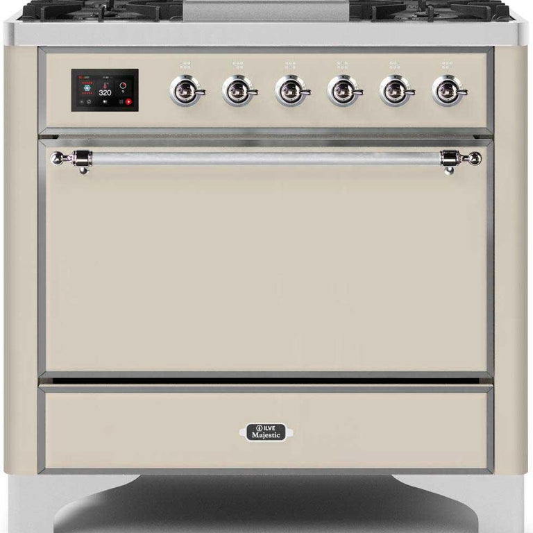 ILVE Majestic II 36" Propane Gas Burner, Electric Oven Range in Antique White with Chrome Trim, UM09FDQNS3AWCLP