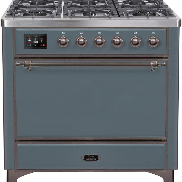 ILVE Majestic II 36" Natural Gas Burner, Electric Oven Range in Blue Grey with Bronze Trim, UM09FDQNS3BGBNG