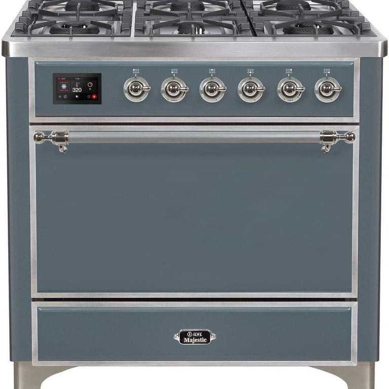 ILVE Majestic II 36" Natural Gas Burner, Electric Oven Range in Blue Grey with Chrome Trim, UM09FDQNS3BGCNG