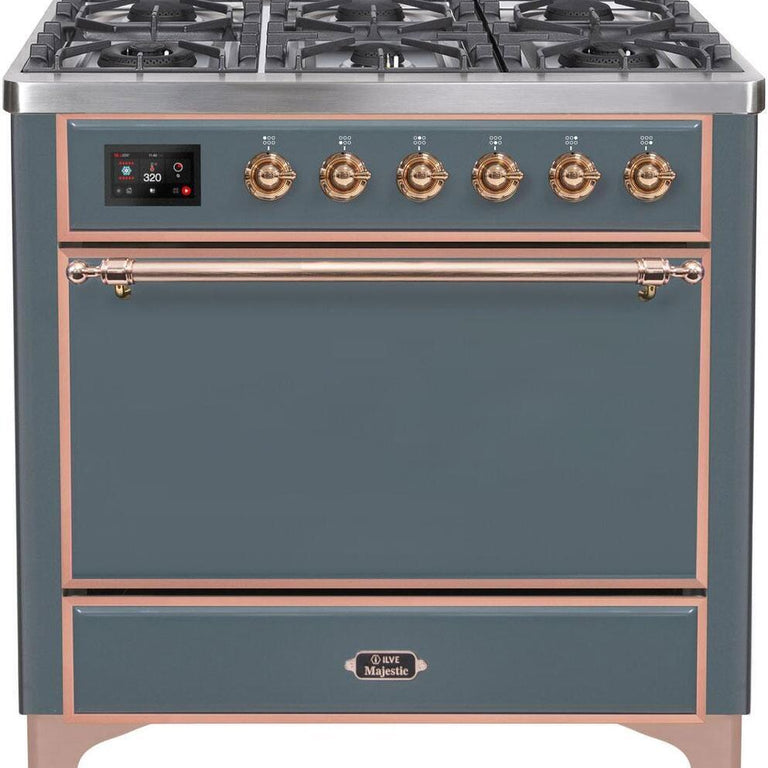 ILVE Majestic II 36" Natural Gas Burner, Electric Oven Range in Blue Grey with Copper Trim, UM09FDQNS3BGPNG