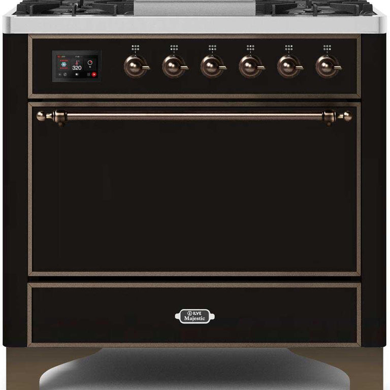 ILVE Majestic II 36" Natural Gas Burner, Electric Oven Range in Glossy Black with Bronze Trim, UM09FDQNS3BKBNG