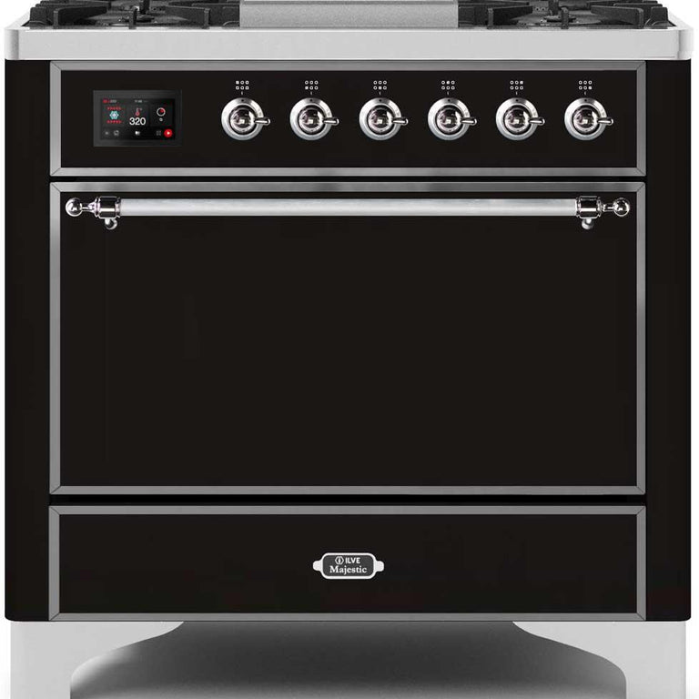 ILVE Majestic II 36" Natural Gas Burner, Electric Oven Range in Glossy Black with Chrome Trim, UM09FDQNS3BKCNG