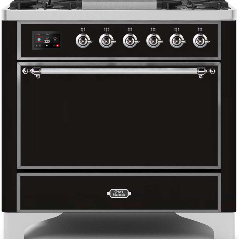 ILVE Majestic II 36" Propane Gas Burner, Electric Oven Range in Glossy Black with Chrome Trim, UM09FDQNS3BKCLP