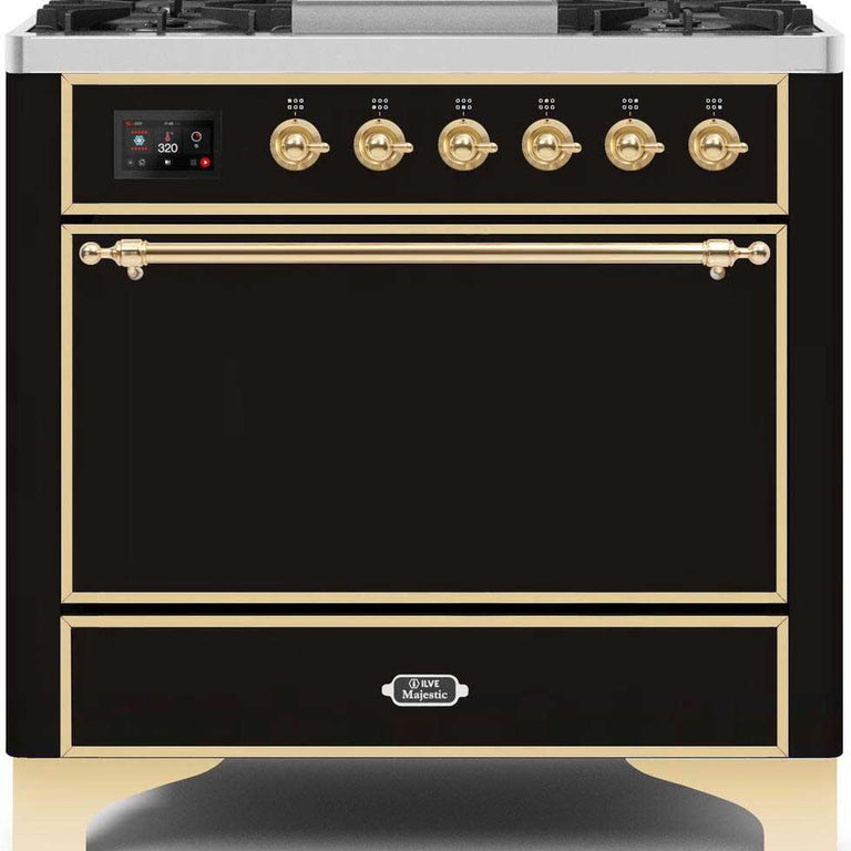 ILVE Majestic II 36" Propane Gas Burner, Electric Oven Range in Glossy Black with Brass Trim, UM09FDQNS3BKGLP
