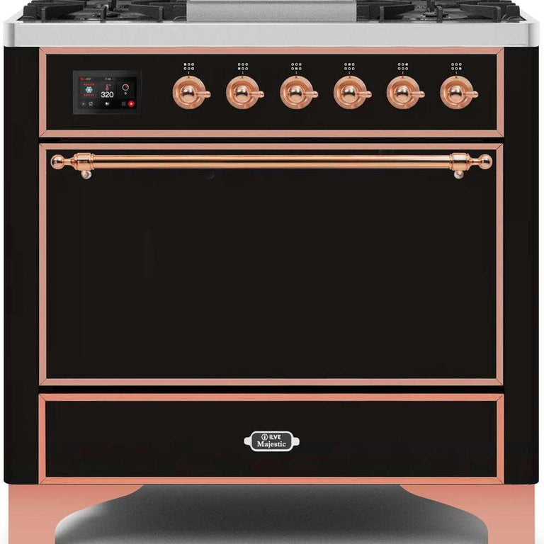 ILVE Majestic II 36" Natural Gas Burner, Electric Oven Range in Glossy Black with Copper Trim, UM09FDQNS3BKPNG