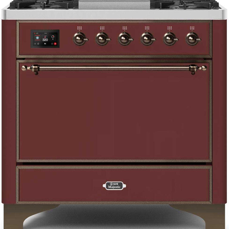 ILVE Majestic II 36" Natural Gas Burner, Electric Oven Range in Burgundy with Bronze Trim, UM09FDQNS3BUBNG