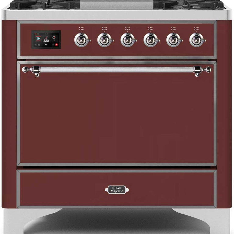 ILVE Majestic II 36" Natural Gas Burner, Electric Oven Range in Burgundy with Chrome Trim, UM09FDQNS3BUCNG