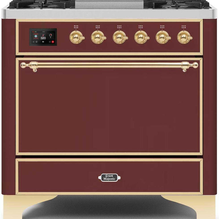 ILVE Majestic II 36" Natural Gas Burner, Electric Oven Range in Burgundy with Brass Trim, UM09FDQNS3BUGNG