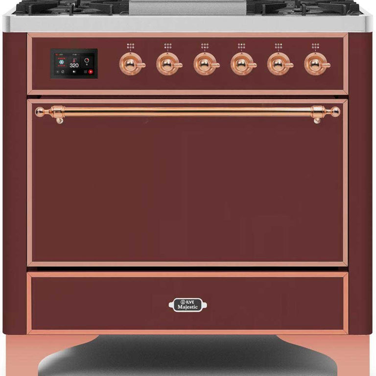 ILVE Majestic II 36" Natural Gas Burner, Electric Oven Range in Burgundy with Copper Trim, UM09FDQNS3BUPNG