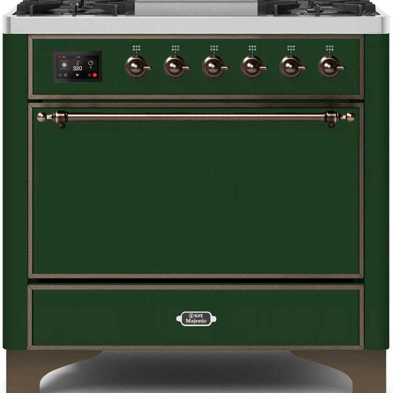 ILVE Majestic II 36" Propane Gas Burner, Electric Oven Range in Emerald Green with Bronze Trim, UM09FDQNS3EGBLP