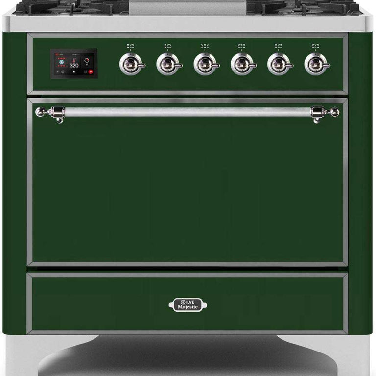 ILVE Majestic II 36" Natural Gas Burner, Electric Oven Range in Emerald Green with Chrome Trim, UM09FDQNS3EGCNG