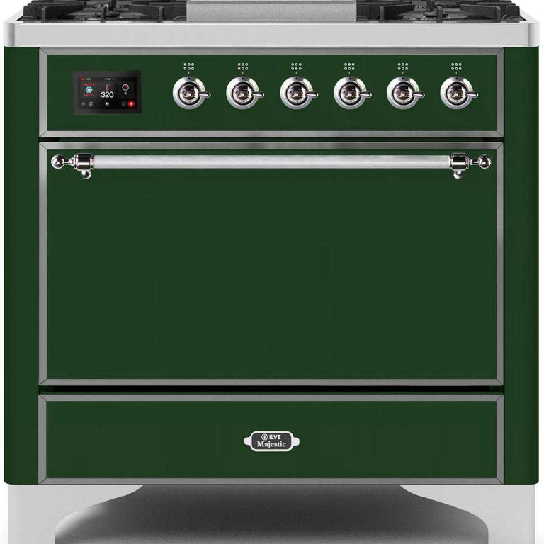 ILVE Majestic II 36" Propane Gas Burner, Electric Oven Range in Emerald Green with Chrome Trim, UM09FDQNS3EGCLP