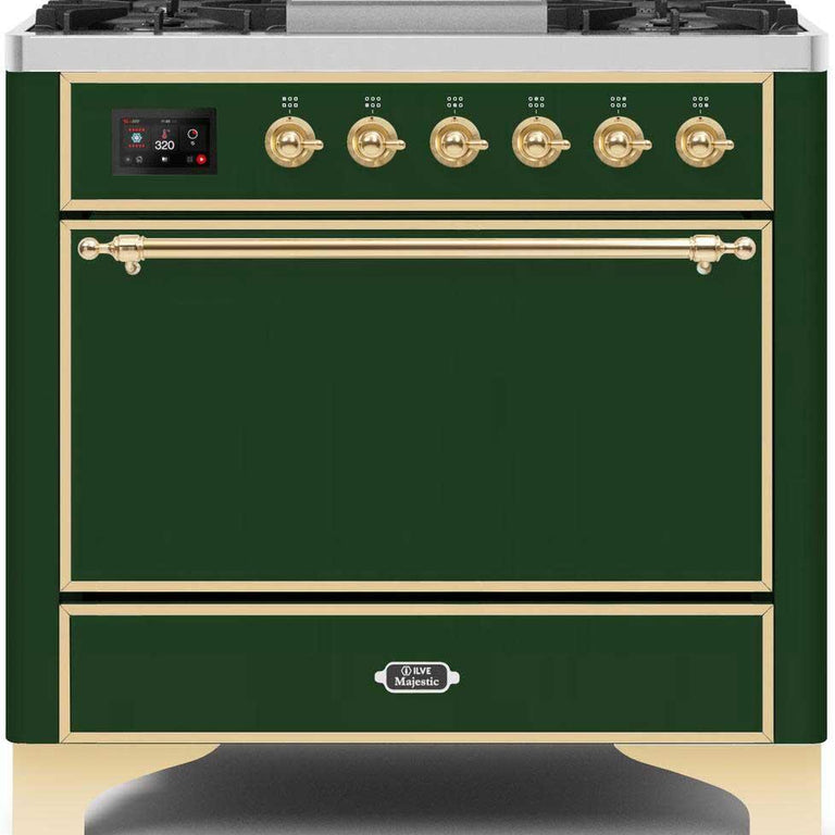 ILVE Majestic II 36" Natural Gas Burner, Electric Oven Range in Emerald Green with Brass Trim, UM09FDQNS3EGGNG