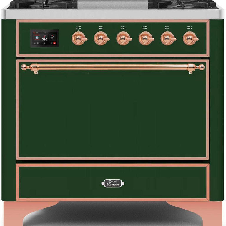 ILVE Majestic II 36" Propane Gas Burner, Electric Oven Range in Emerald Green with Copper Trim, UM09FDQNS3EGPLP