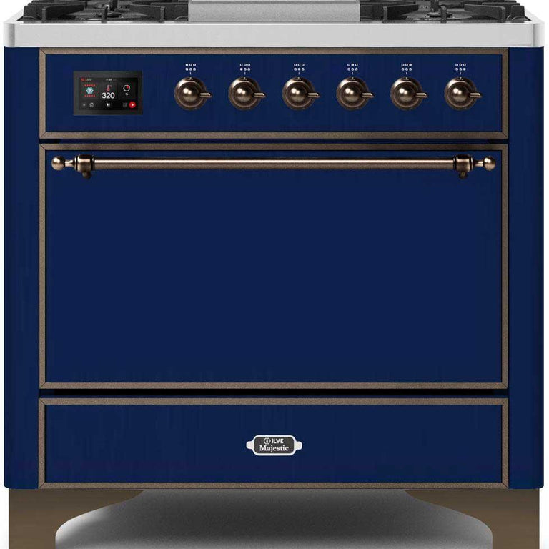 ILVE Majestic II 36" Propane Gas Burner, Electric Oven Range in Midnight Blue with Bronze Trim, UM09FDQNS3MBBLP