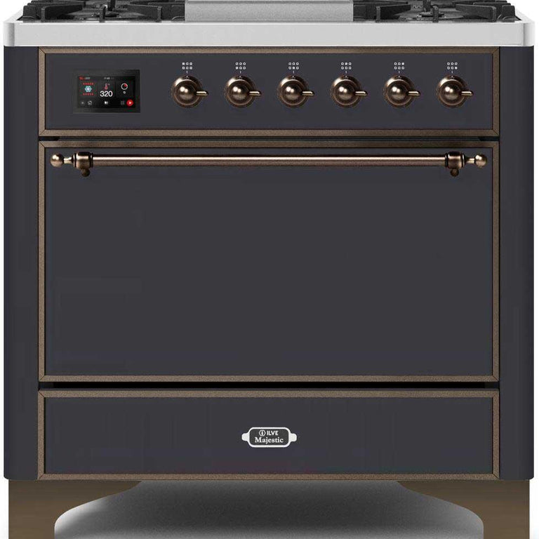 ILVE Majestic II 36" Natural Gas Burner, Electric Oven Range in Matte Graphite with Bronze Trim, UM09FDQNS3MGBNG