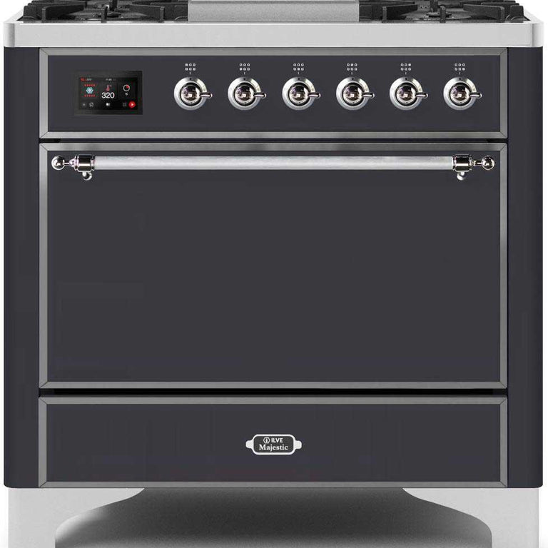 ILVE Majestic II 36" Natural Gas Burner, Electric Oven Range in Matte Graphite with Chrome Trim, UM09FDQNS3MGCNG