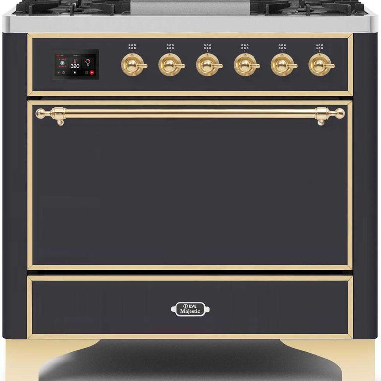 ILVE Majestic II 36" Natural Gas Burner, Electric Oven Range in Matte Graphite with Brass Trim, UM09FDQNS3MGGNG